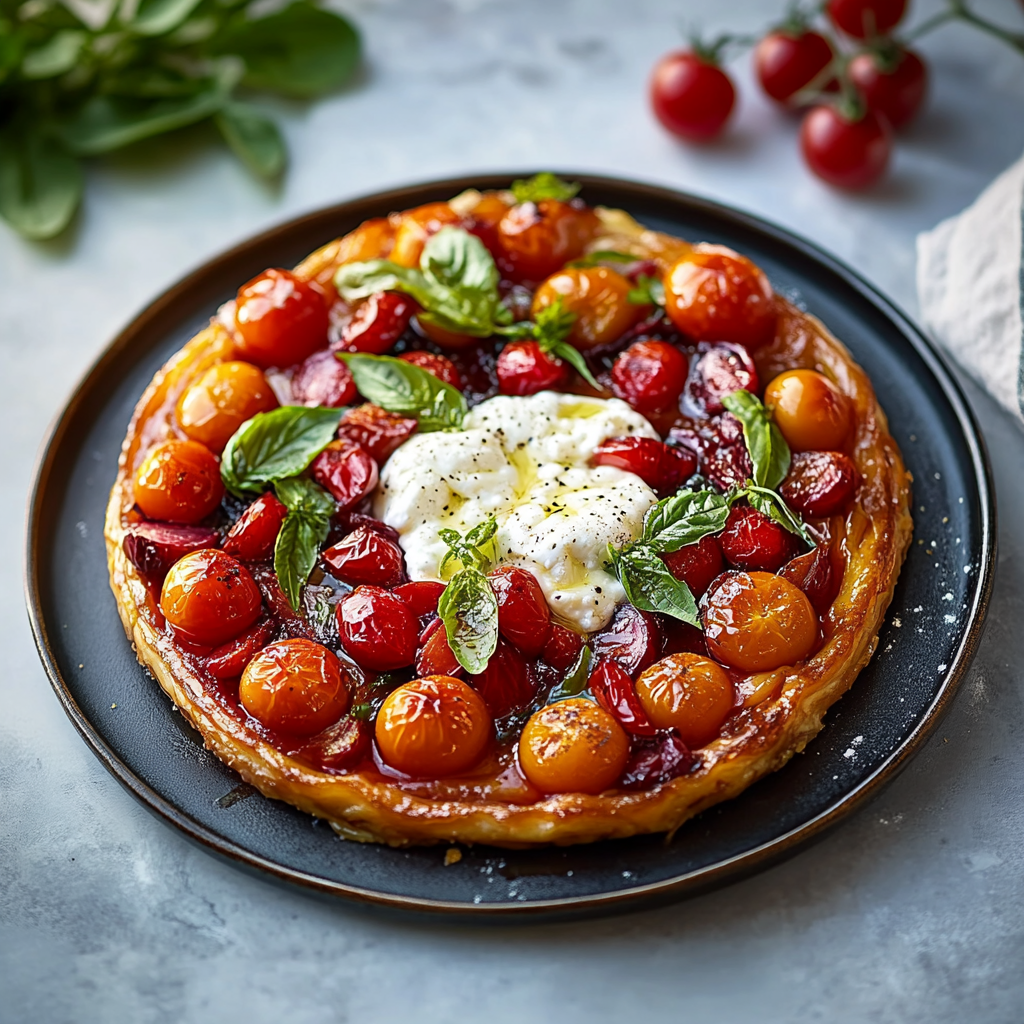 Tarte Tatin tomates cerises burrata depuis recettemoderne