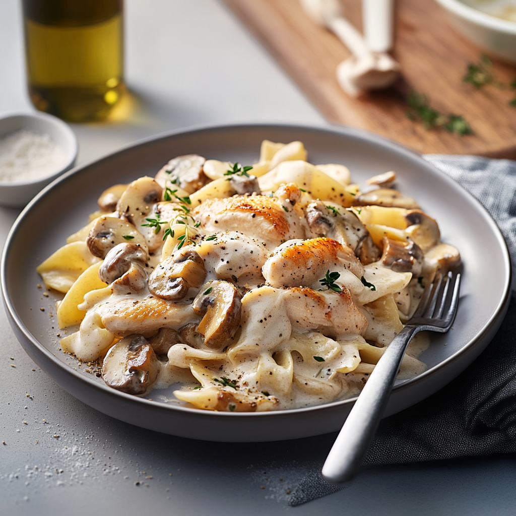 Pâtes crémeuses au poulet et champignons depuis recettemoderne