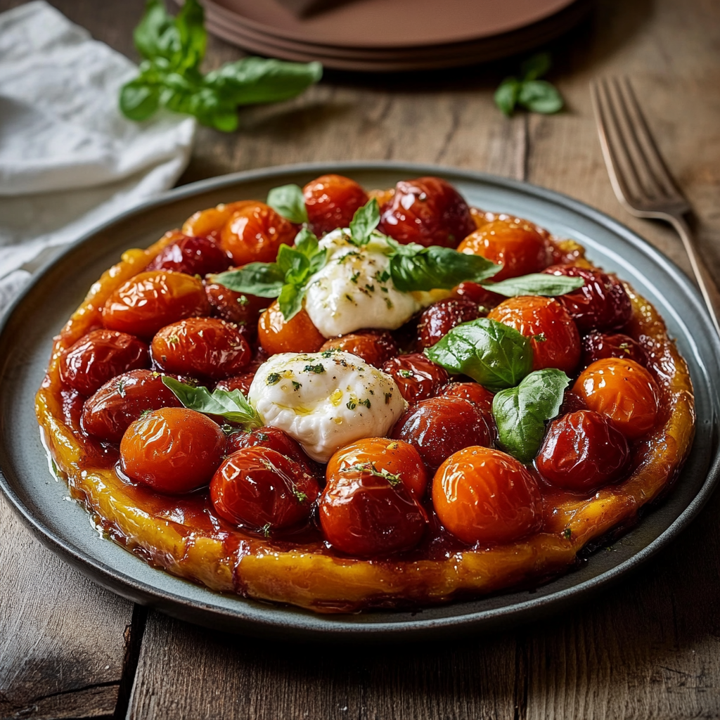 Tarte Tatin tomates cerises burrata depuis recettemoderne