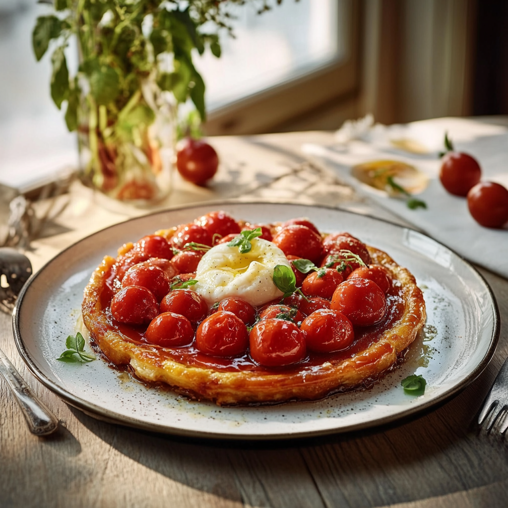 Tarte Tatin tomates cerises burrata depuis recettemoderne