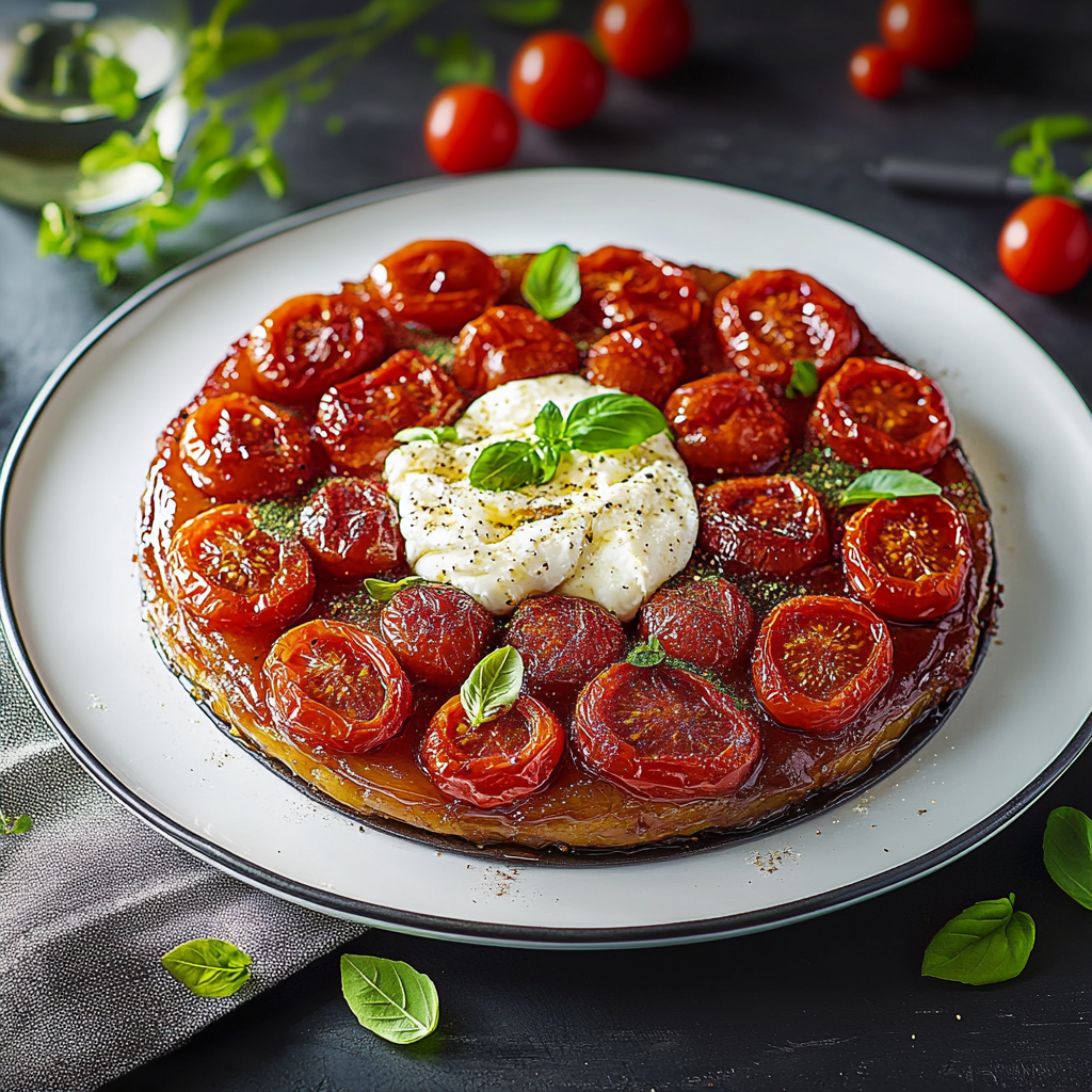 Tarte Tatin tomates cerises burrata depuis recettemoderne