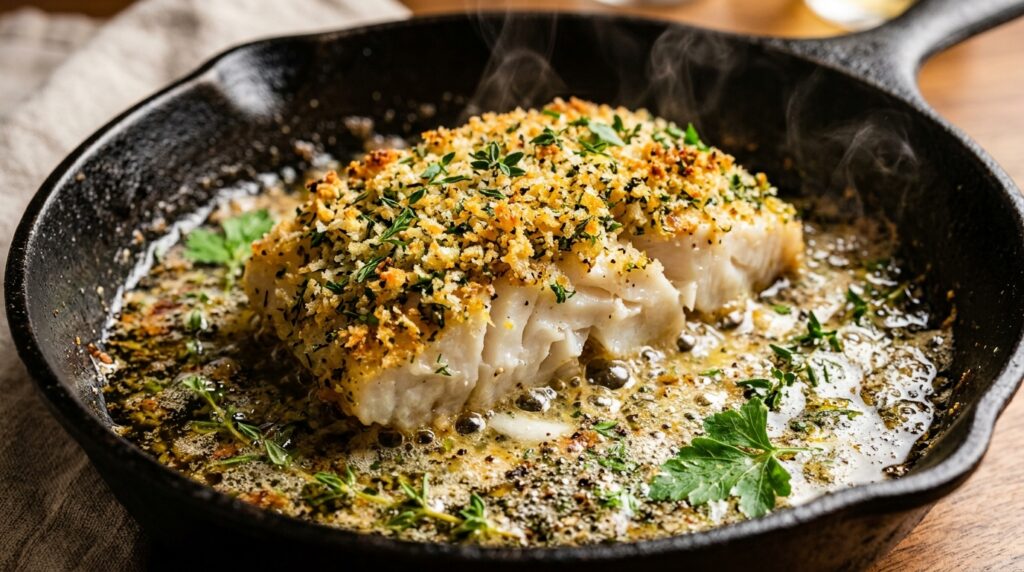 Dos de Cabillaud en Croûte d’Herbes et Purée Maison à l’Huile d’Olive