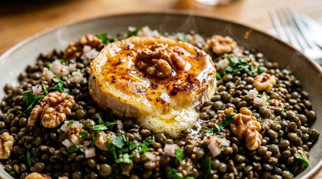 Salade Tiède de Lentilles Gourmandes, Chèvre Chaud & Noix Grillées