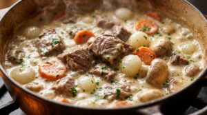 Blanquette de veau traditionnelle à l ancienne dans une cocotte en fonte avec sauce blanche veloutée champignons et carottes