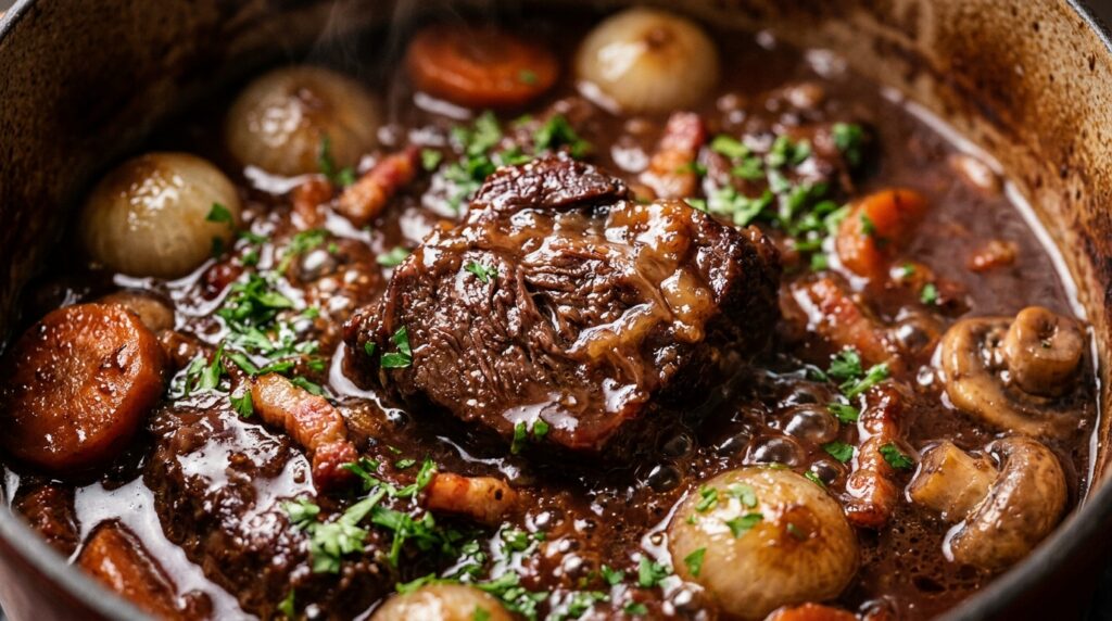 Gros plan macro sur un bœuf bourguignon traditionnel mijoté en cocotte avec sauce au vin rouge et carottes