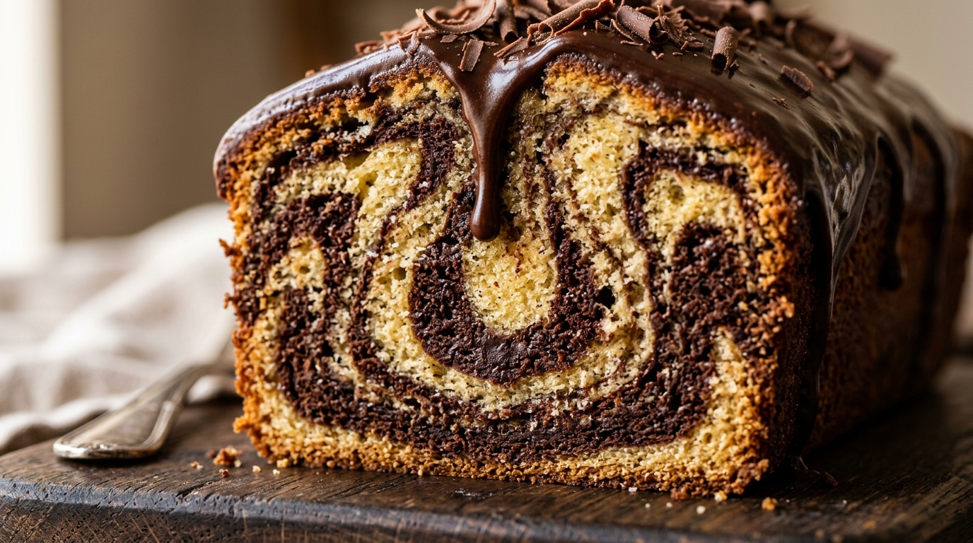 Tranche généreuse de cake marbré chocolat et vanille ultra moelleux avec glaçage au chocolat noir et copeaux