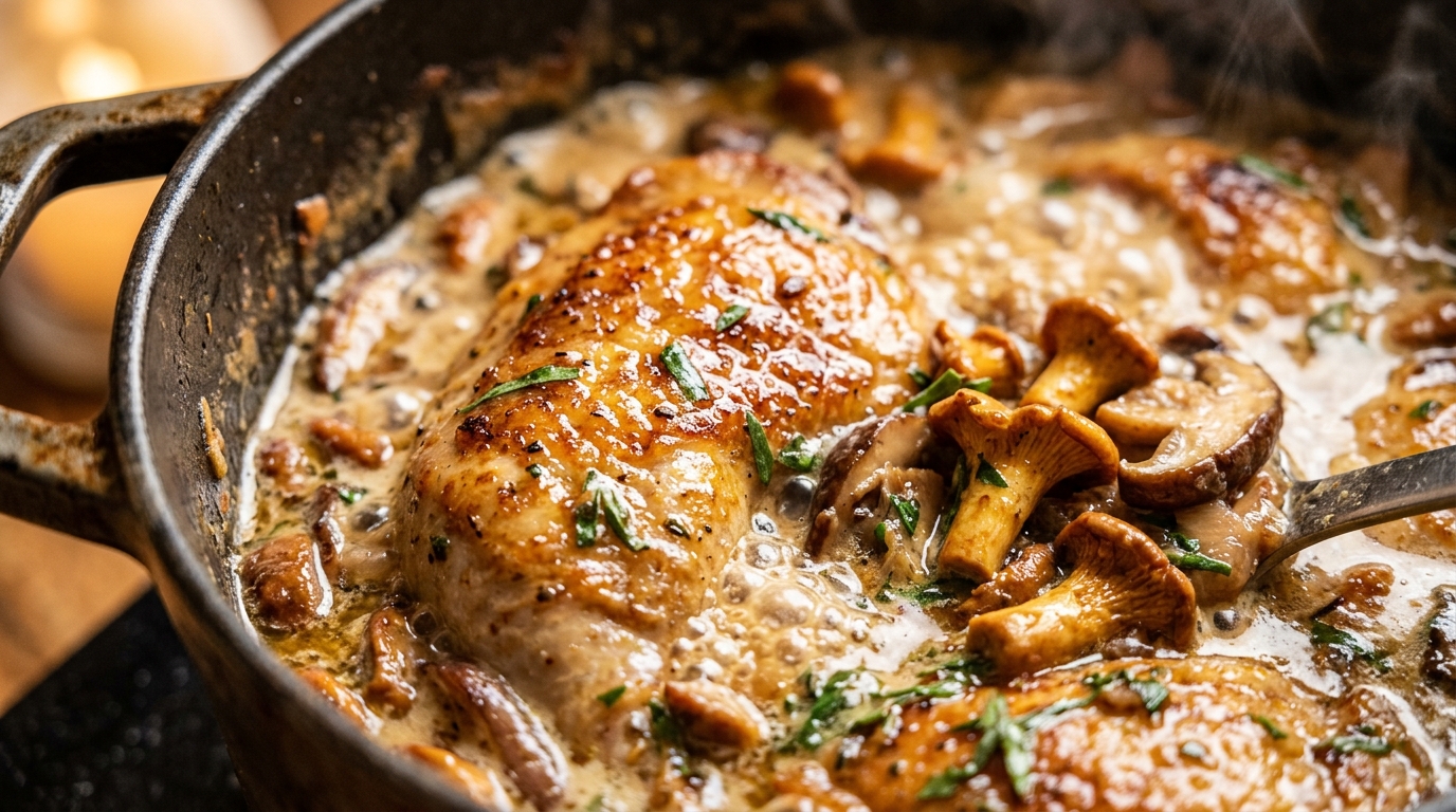 Cocotte Gourmande de Poulet Fermier aux Champignons Sauvages & Crème au Vin Blanc