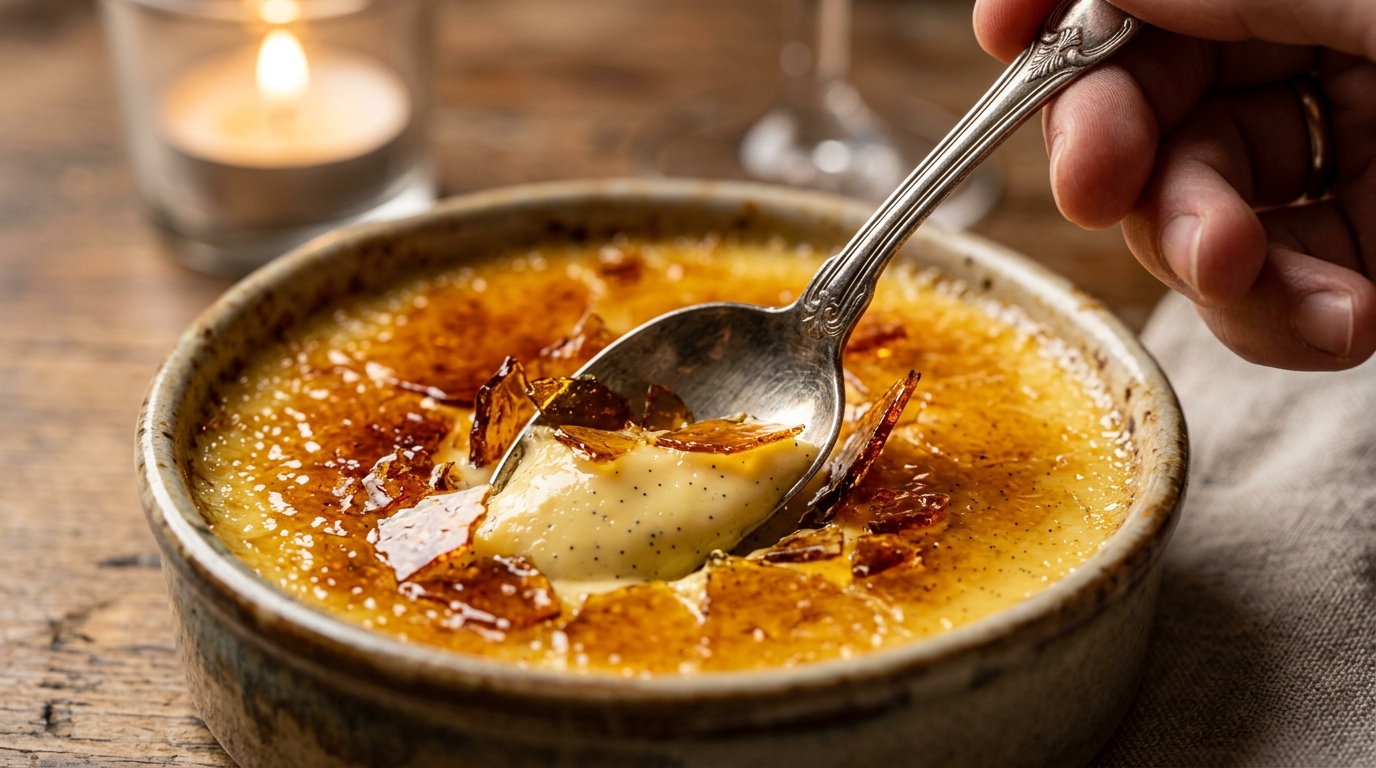 Crème brûlée traditionnelle à la vanille bourbon brisée à la cuillère avec caramel craquant