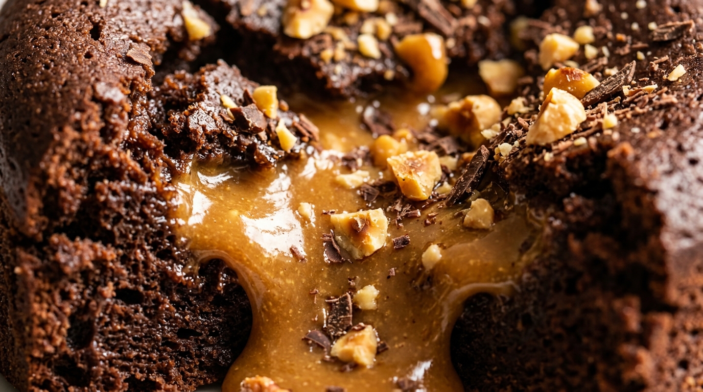 Gros plan macro sur un moelleux fondant au chocolat noir avec son cœur coulant au praliné noisette