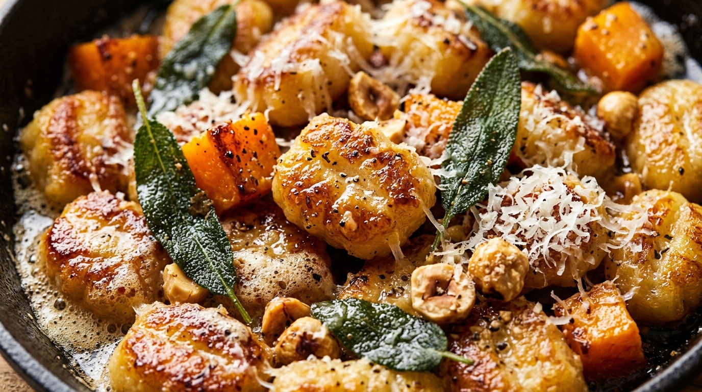 Gnocchis poêlés dorés dans une poêle en fonte avec beurre noisette mousseux, dés de courge butternut et feuilles de sauge croustillantes