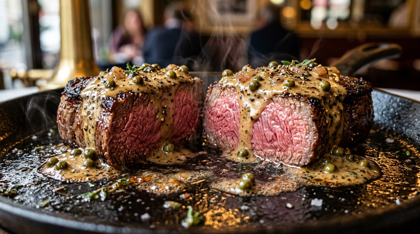 Pavé de Bœuf Poêlé Sauce Poivre Vert & Échalotes Confites