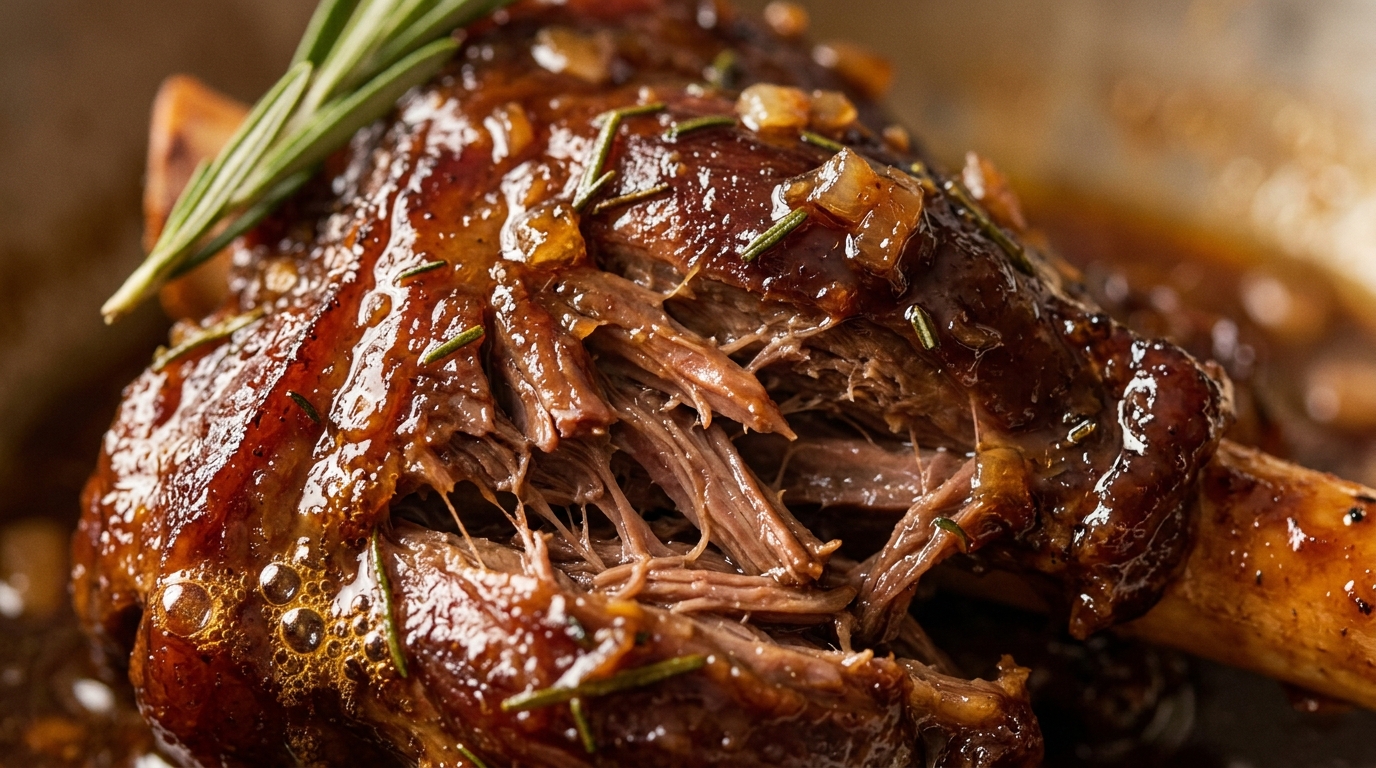 Gros plan macro sur une souris d'agneau confite caramélisée au miel et romarin avec viande ultra tendre effilochée à la cuillère et jus ambré luisant