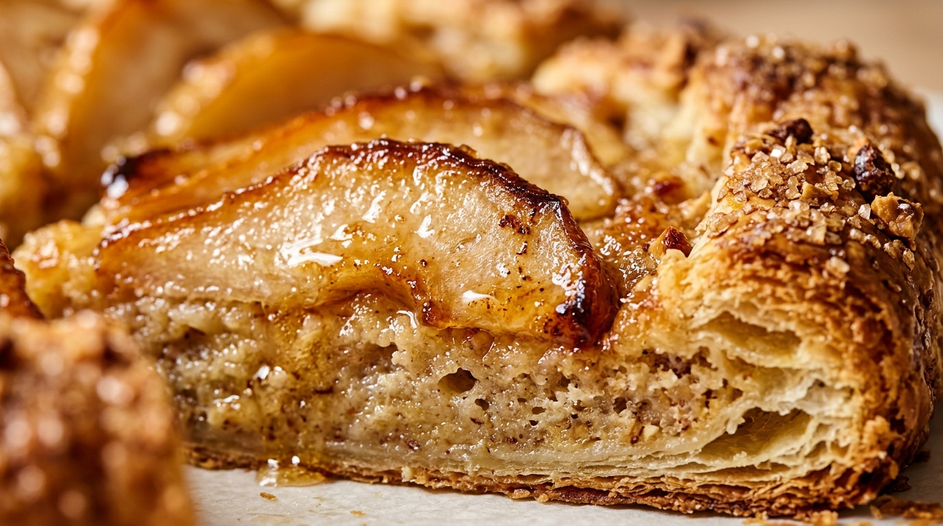 Gros plan macro sur une tarte rustique aux poires caramélisées, frangipane et noisettes