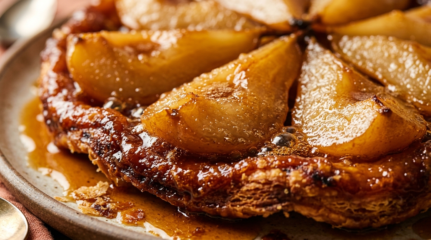 Tarte Tatin renversée aux poires fondantes caramélisées au beurre salé et pâte feuilletée croustillante