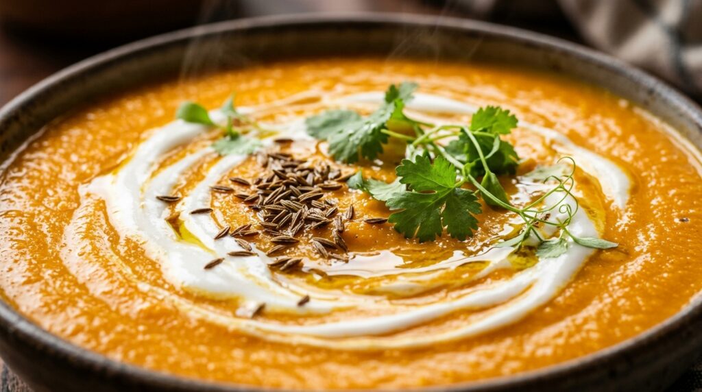 Velouté Onctueux de Carottes Rôties au Cumin & Lait de Coco