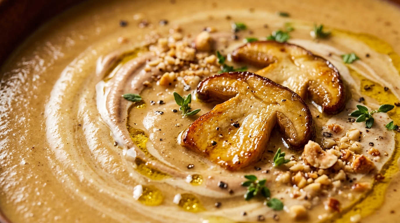 Velouté onctueux de châtaignes et cèpes rôtis à la crème de noisette en macro ultra gourmande
