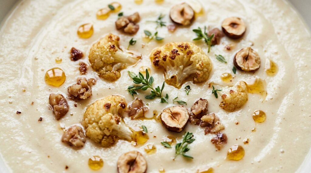 Velouté Onctueux de Chou-Fleur Rôti, Huile de Noisette & Éclats de Châtaignes