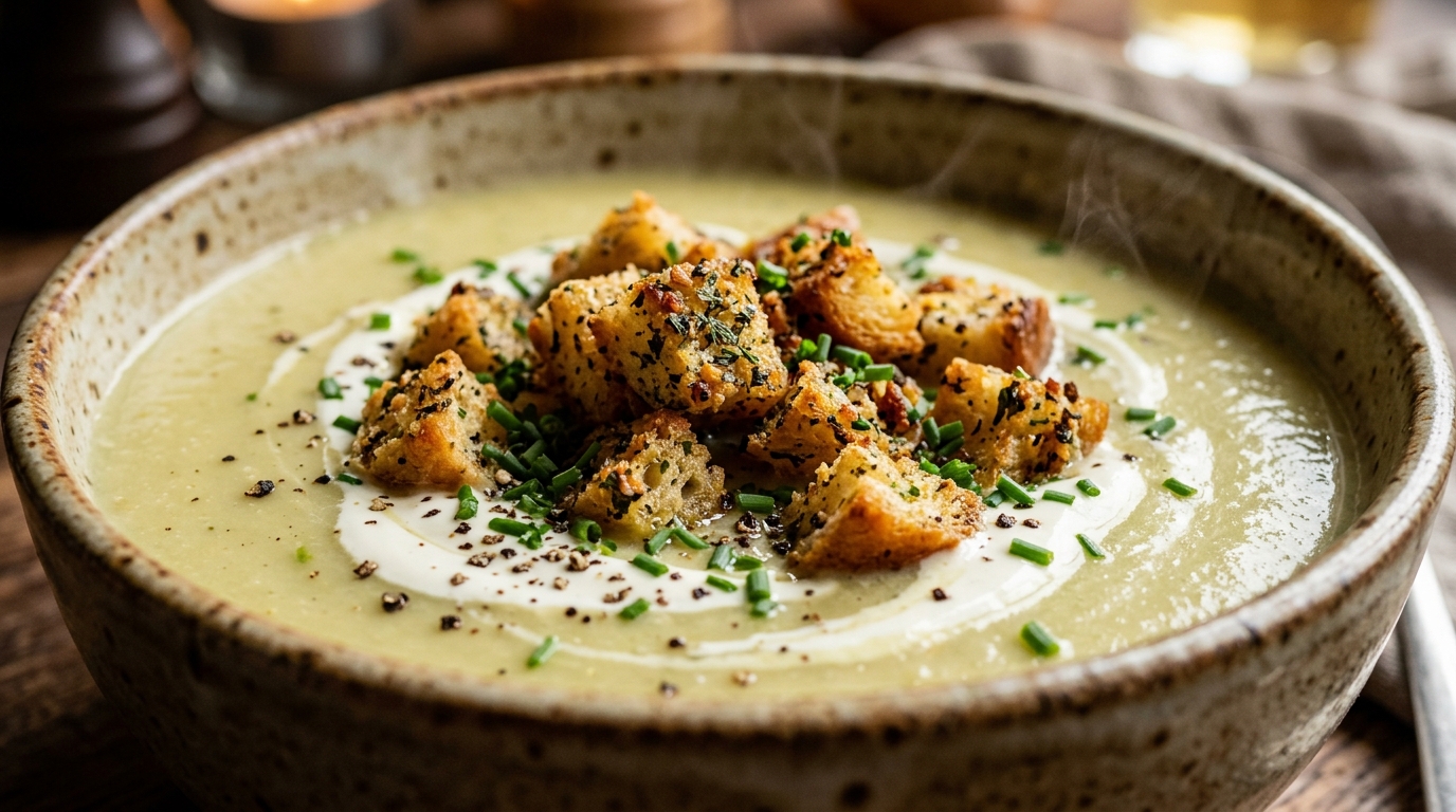 Velouté Onctueux Poireaux & Pommes de Terre aux Croûtons Dorés