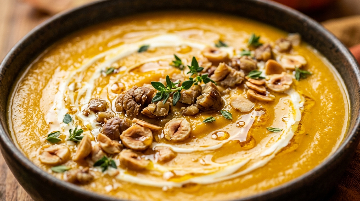 Velouté onctueux de potimarron rôti avec brisures de châtaignes, filet de crème fraîche et noisettes concassées